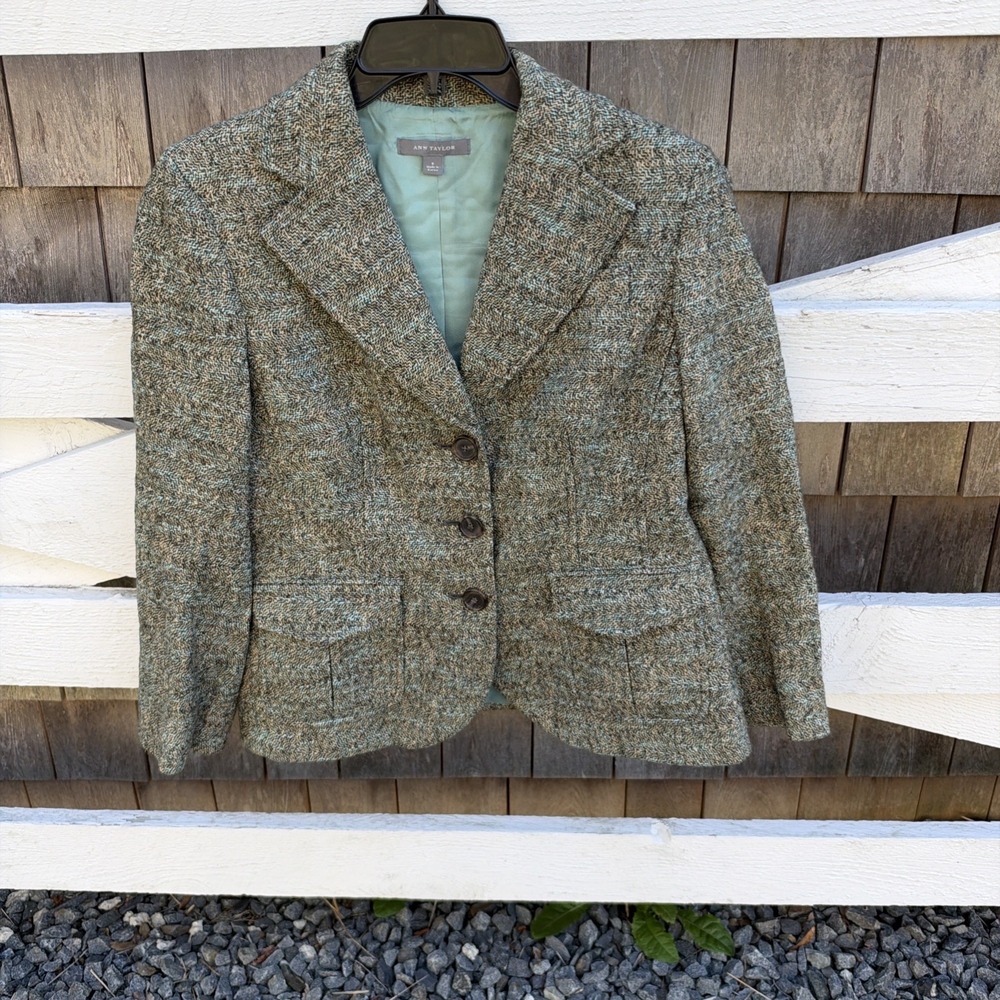 Ann Taylor Green Tweed Wool Blend Blazer Jacket Womens Size 6 Career